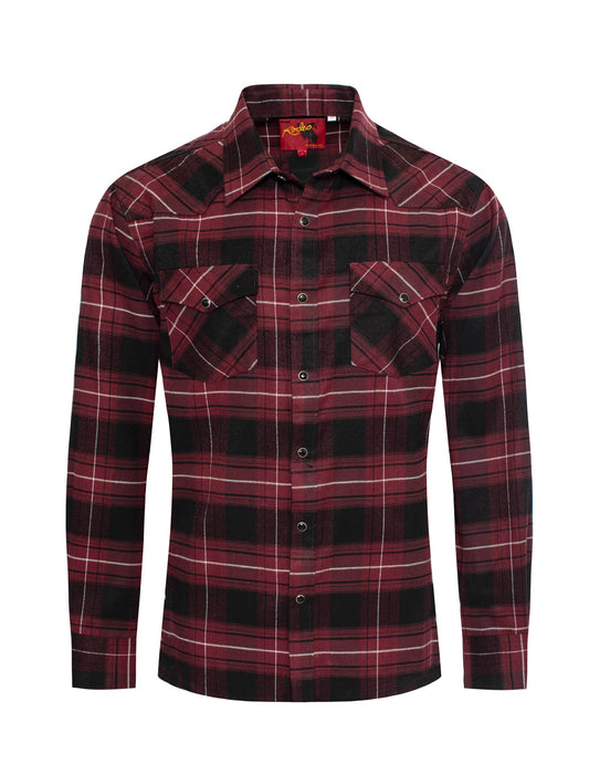Western Long Sleeve Flannel Shirt - Burgundy Plaid