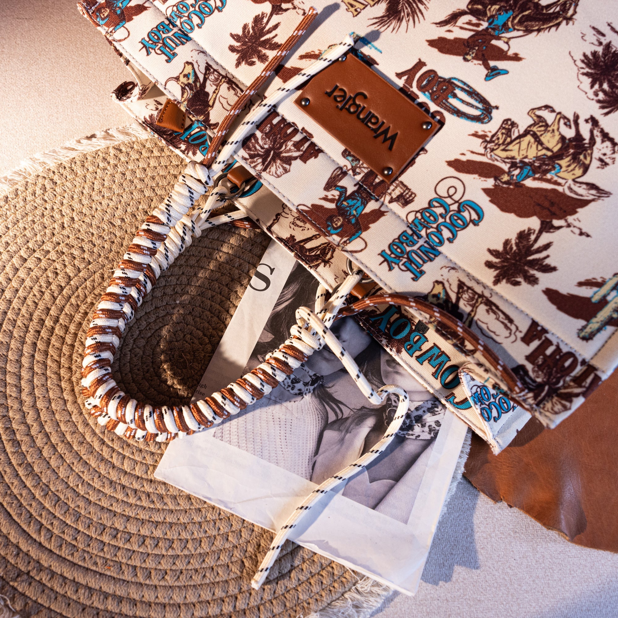 Cowboy Print Wide Tote - Beige