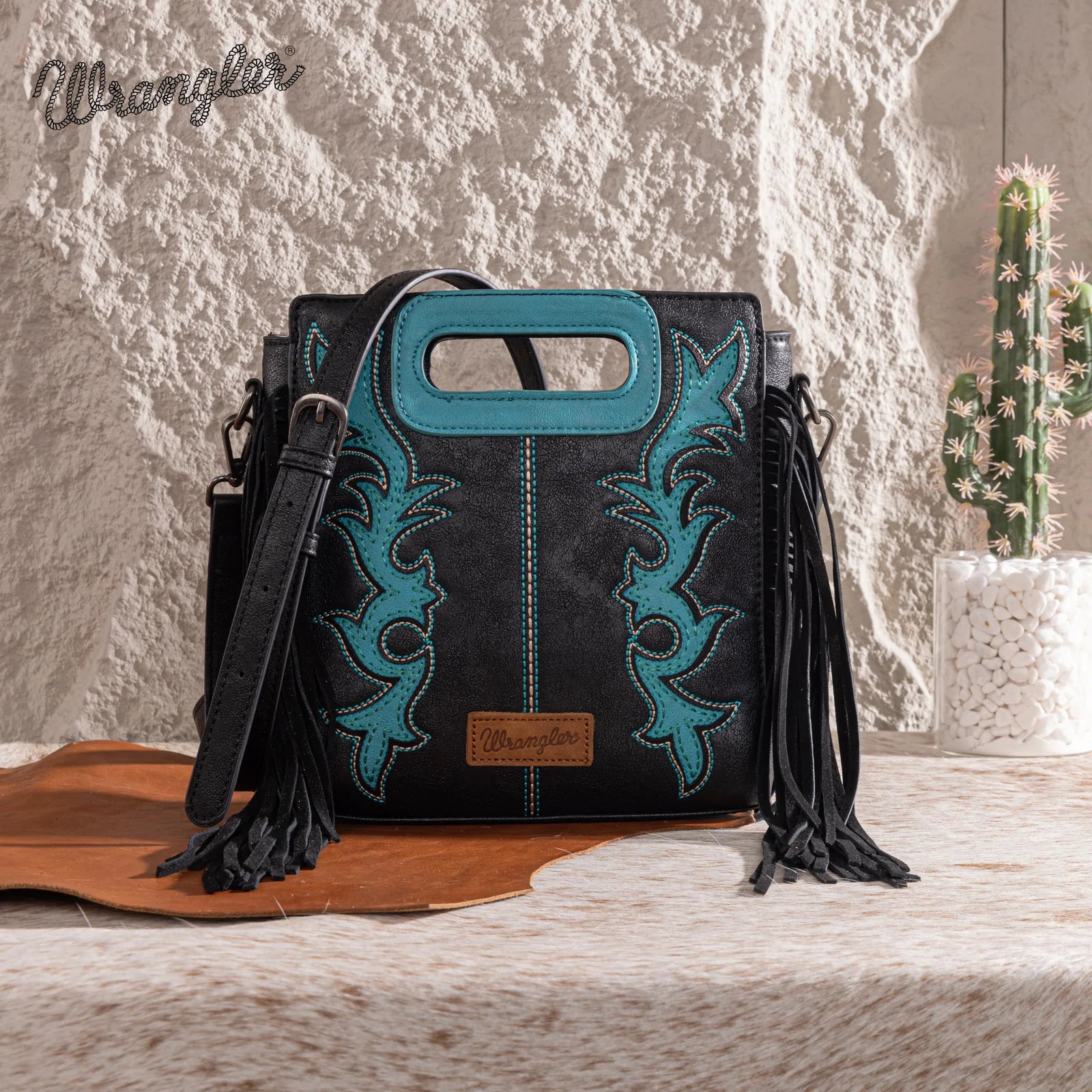 Boot Scroll Fringe Tote - Black
