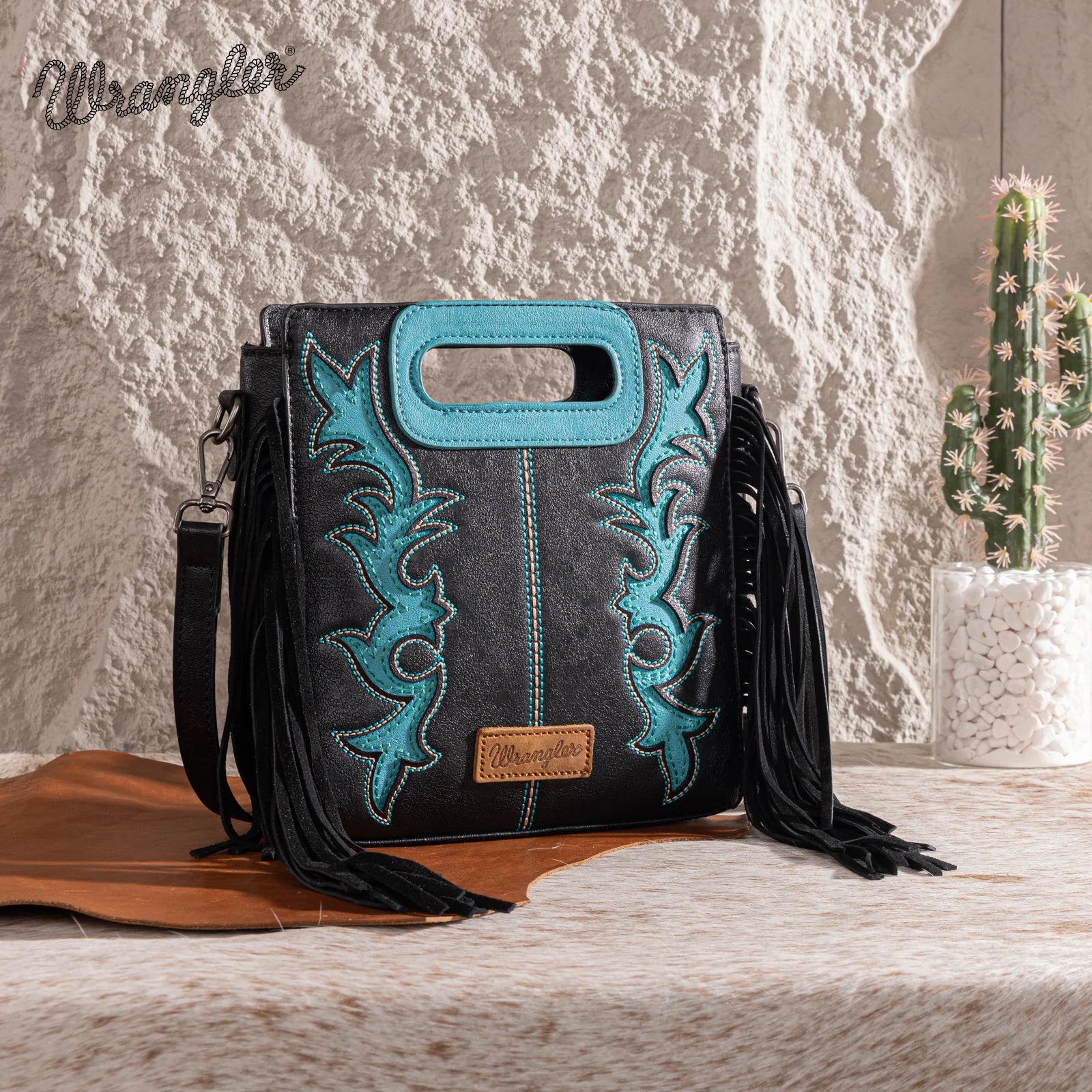 Boot Scroll Fringe Tote - Black