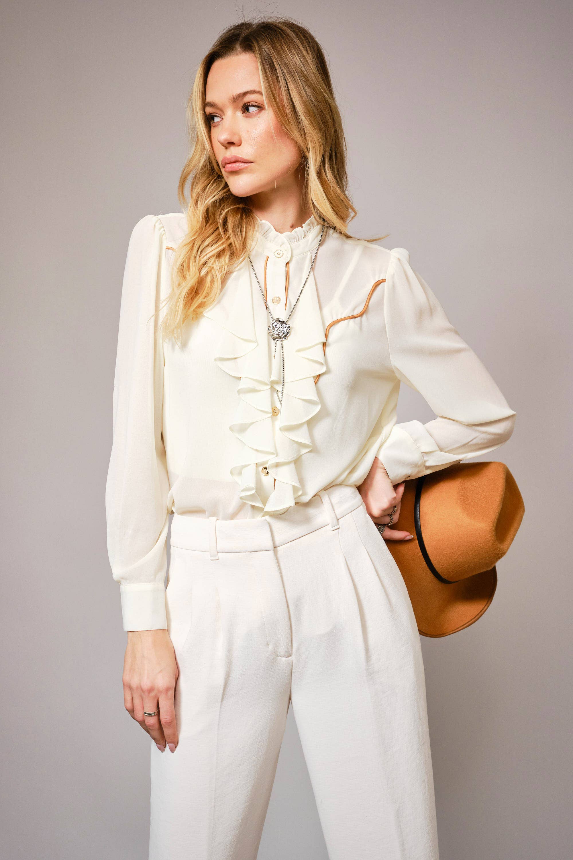 Ruffle Front Button Up Blouse