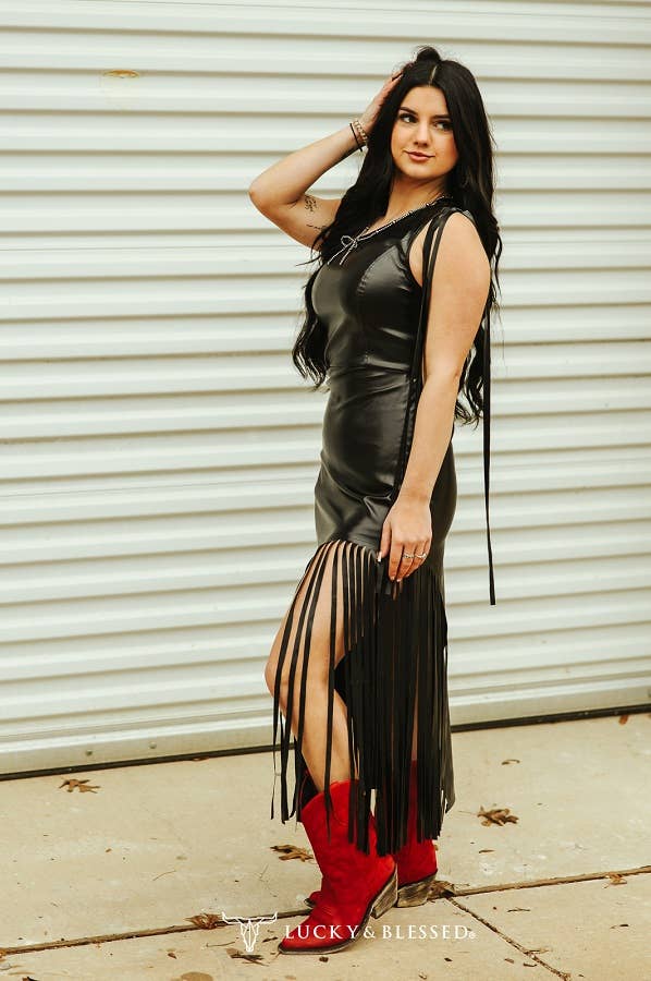 Faux Leather Side Fringe Dress