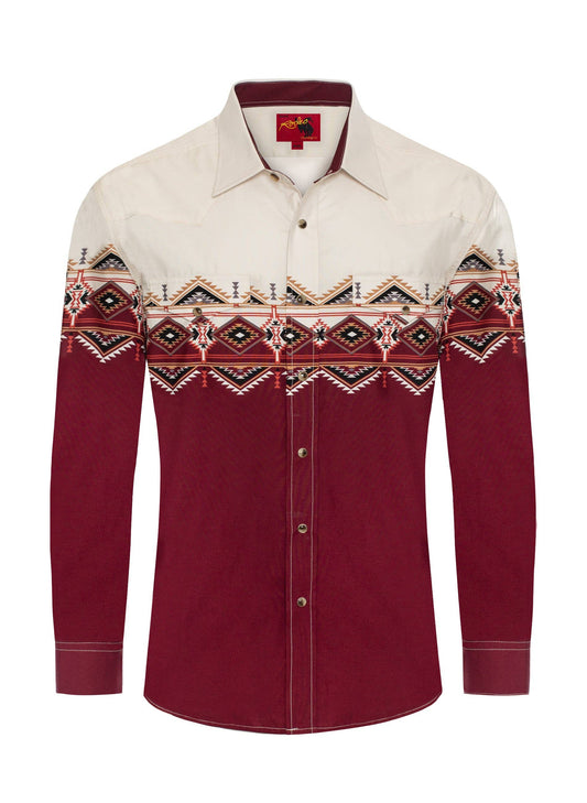 Western Pearl Snap Print Shirt - Burgundy