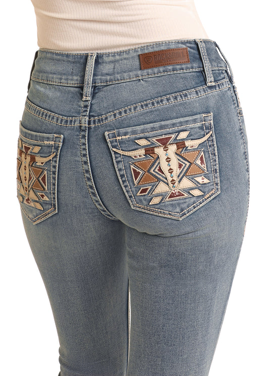 Steer Head Embroidery Mid Rise Bootcut Jeans