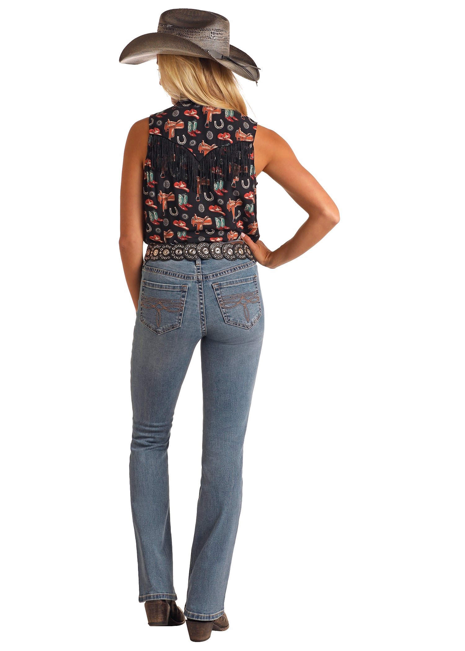 Sleeveless Conversational Snap Fringe Shirt