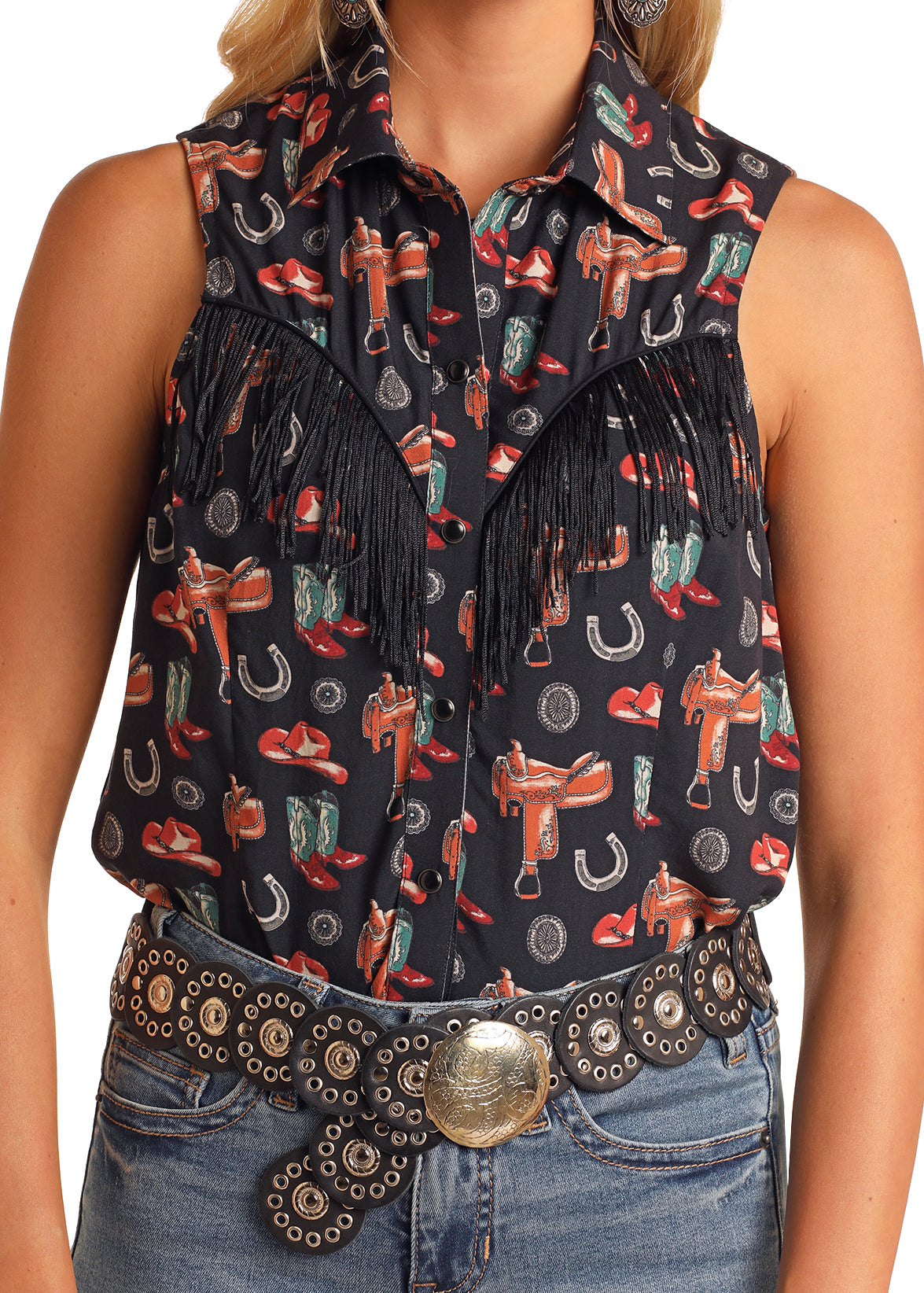 Sleeveless Conversational Snap Fringe Shirt
