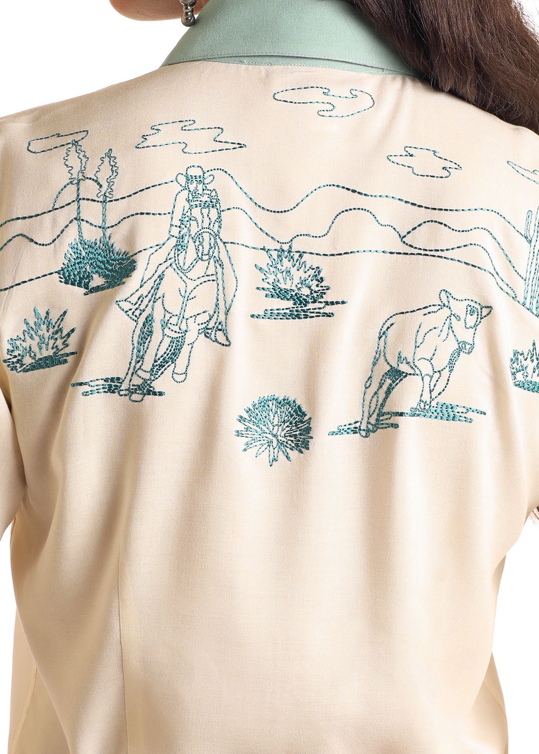 Retro Embroidered Long Sleeve Snap Shirt