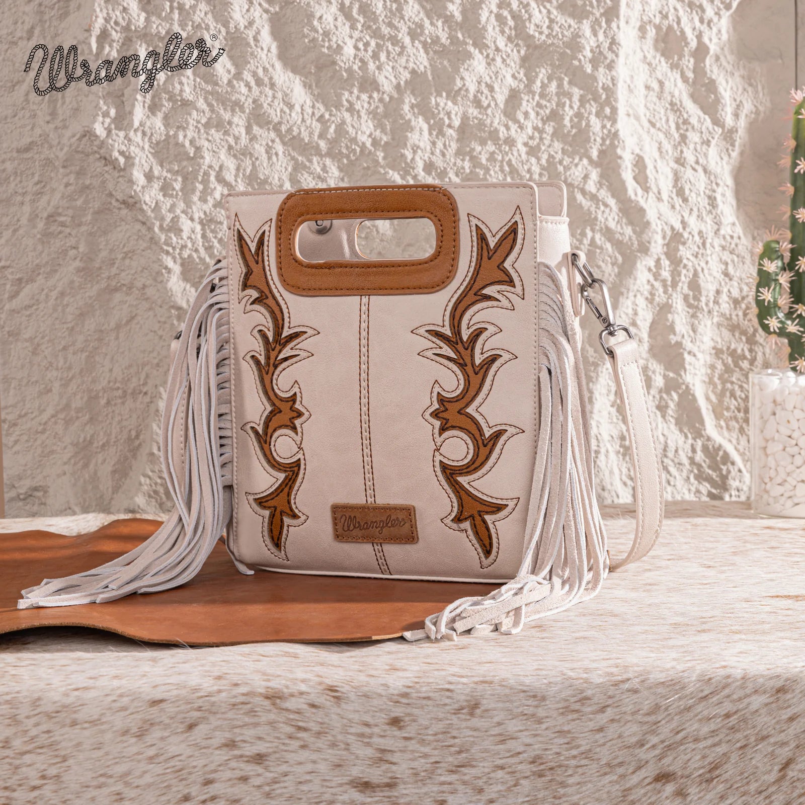 Boot Scroll Fringe Tote - Beige