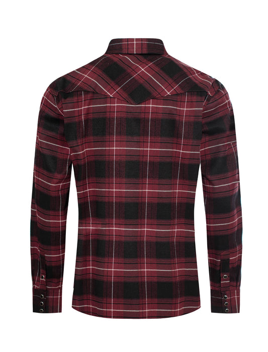 Western Long Sleeve Flannel Shirt - Burgundy Plaid