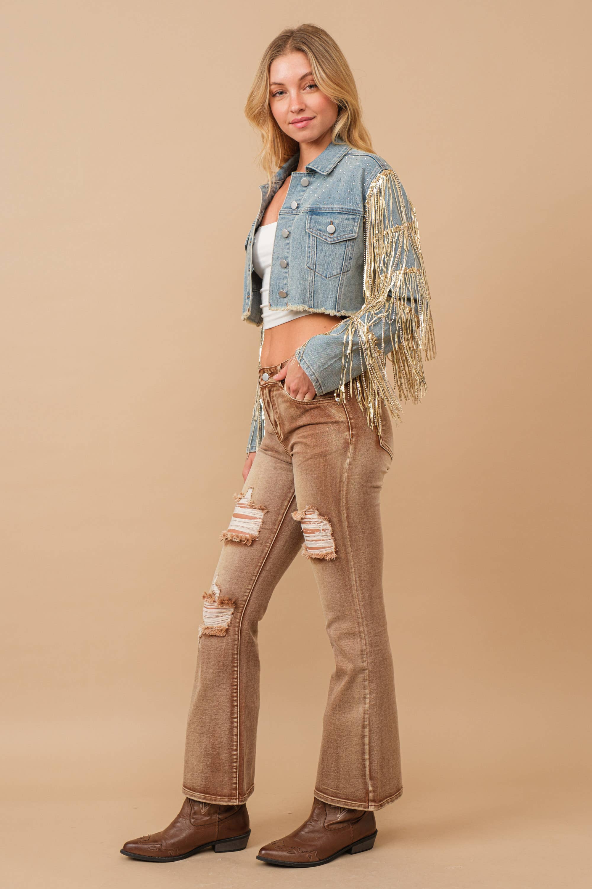 Rhinestone Gold Fringe Cropped Denim Jacket