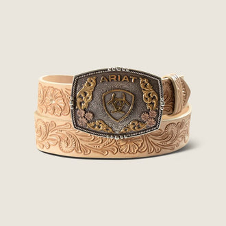 Floral Emboss Leather Belt with Plate Buckle