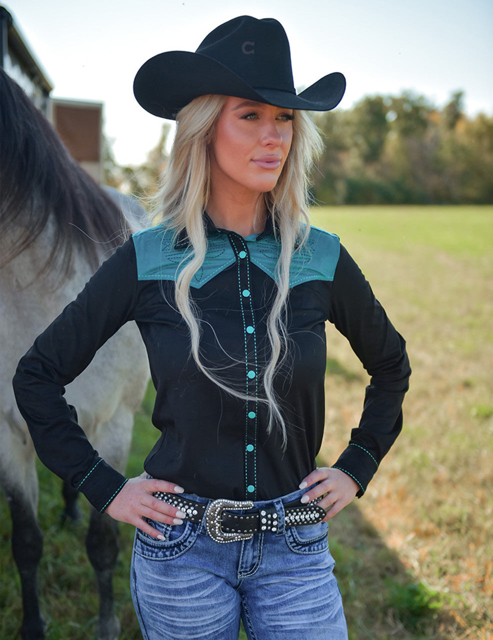 Pullover Button Up - Black/Turquoise