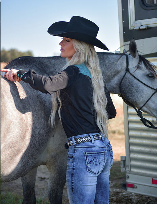 Pullover Button Up - Black/Turquoise