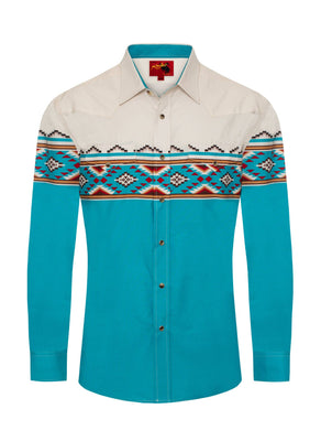 Western Pearl Snap Print Shirt - Turquoise