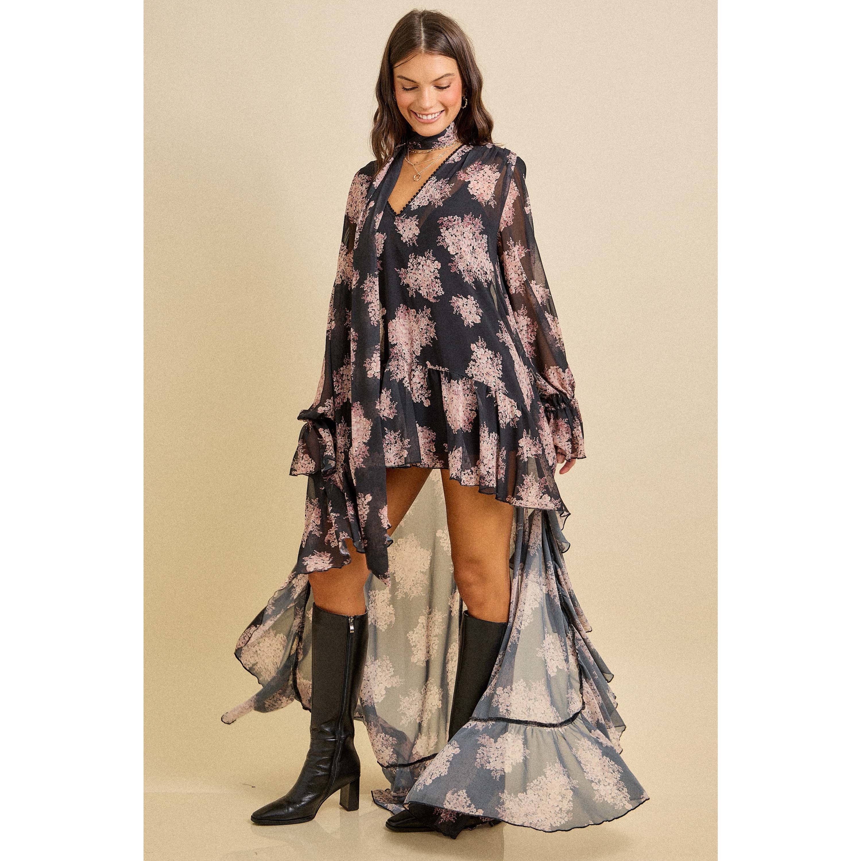 Floral Ruffle High-Low Dress with Scarf Tie