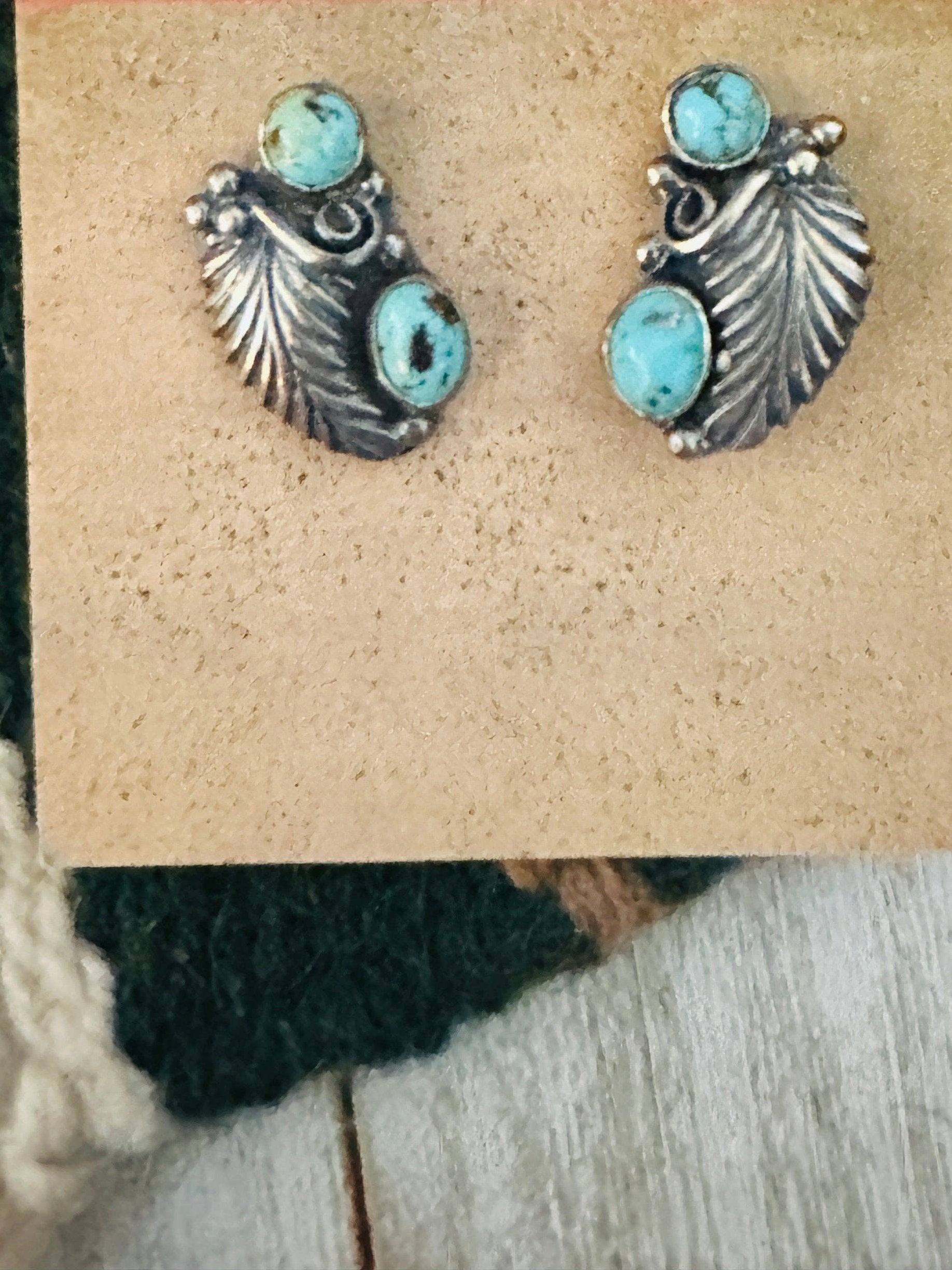 Navajo Turquoise & Sterling Silver Leaf Post Earrings