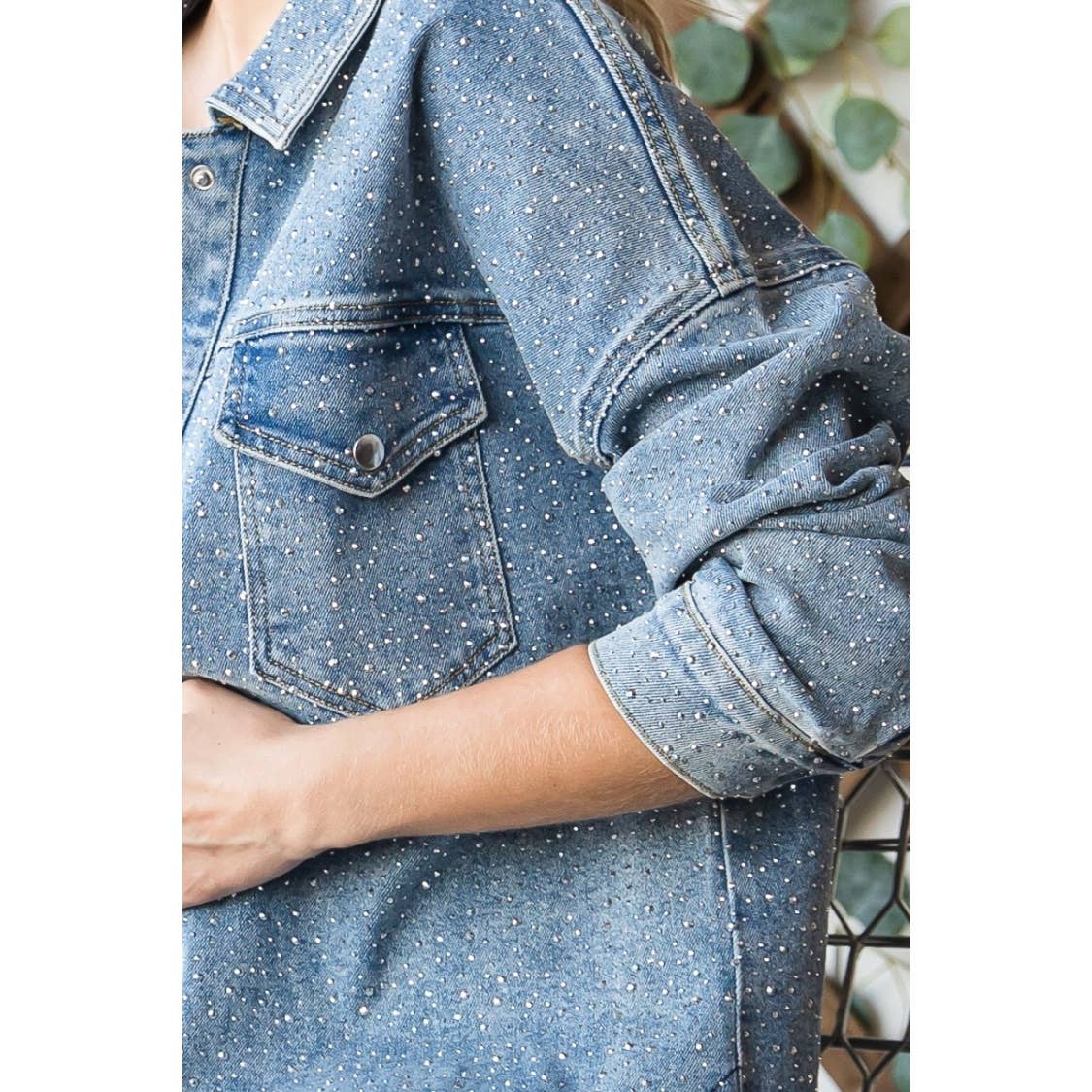 Plus Size Rhinestone Denim Shacket