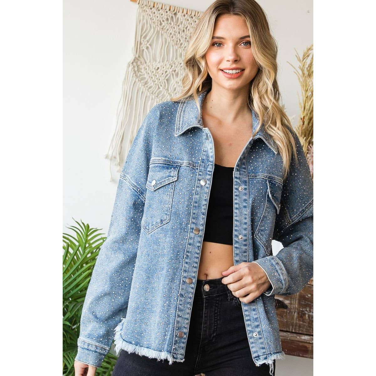 Plus Size Rhinestone Denim Shacket