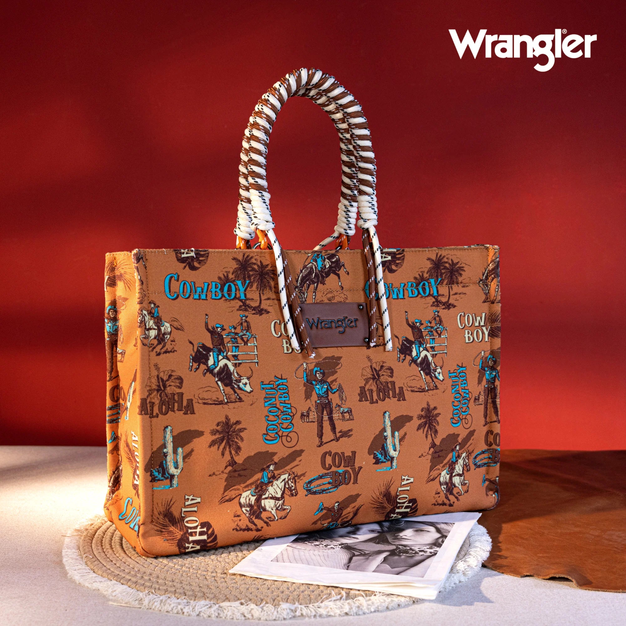 Cowboy Print Wide Tote - Brown