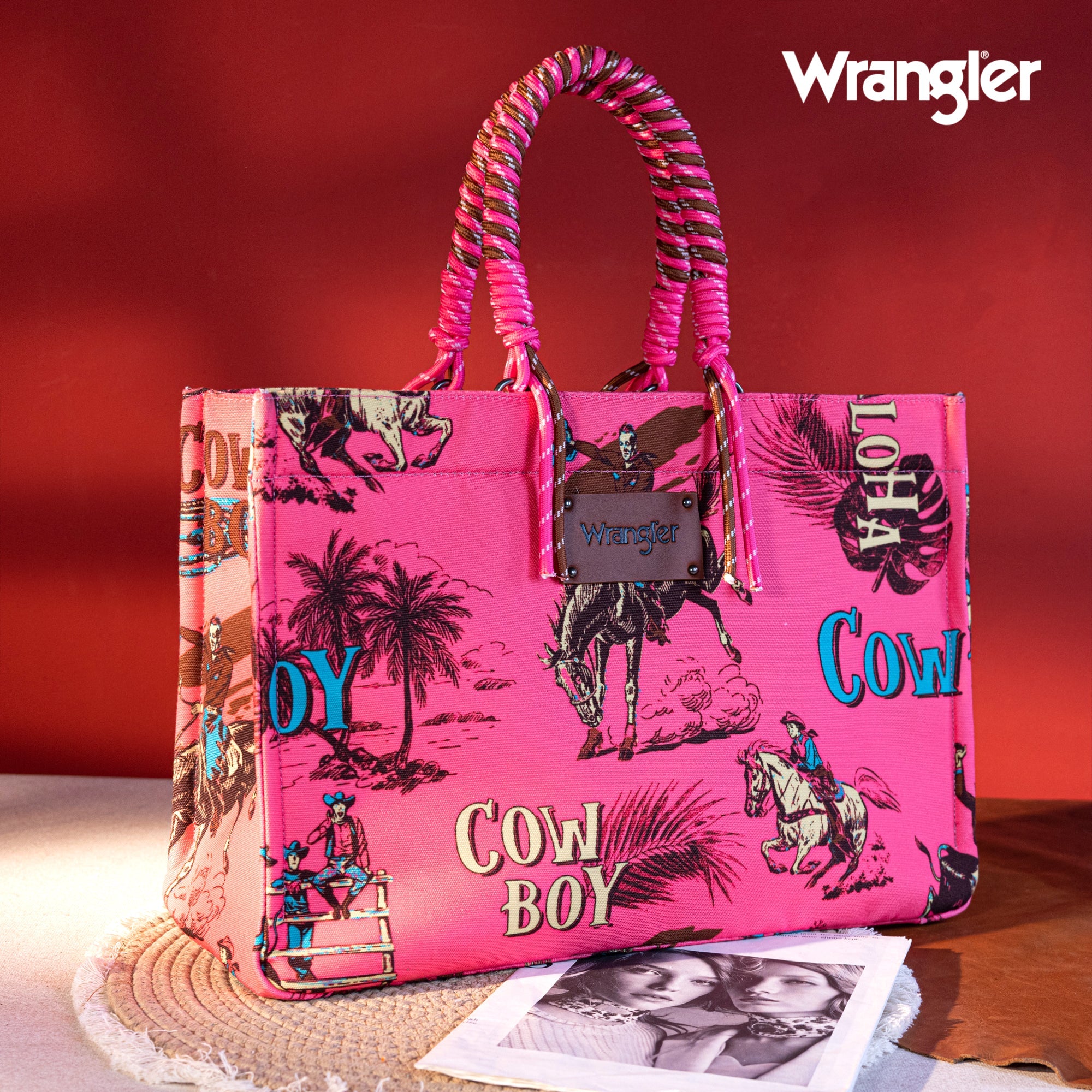 Cowboy Print Wide Tote - Hot Pink