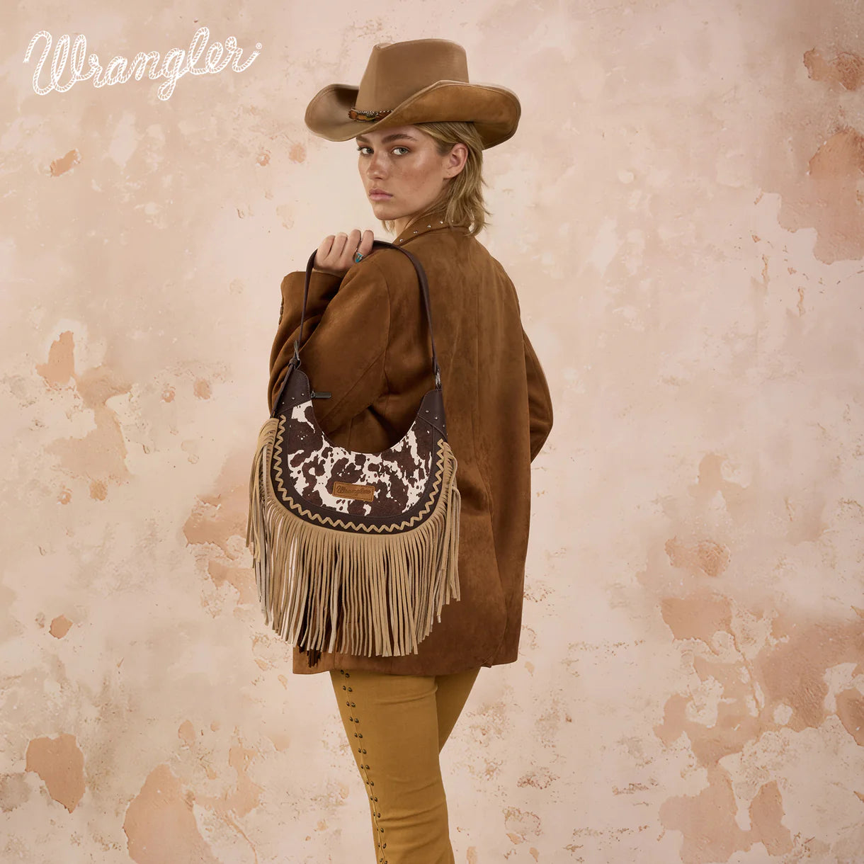 Cow Print Fringe Shoulder Hobo Bag - Coffee