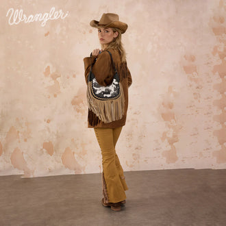 Cow Print Fringe Shoulder Hobo Bag - Black