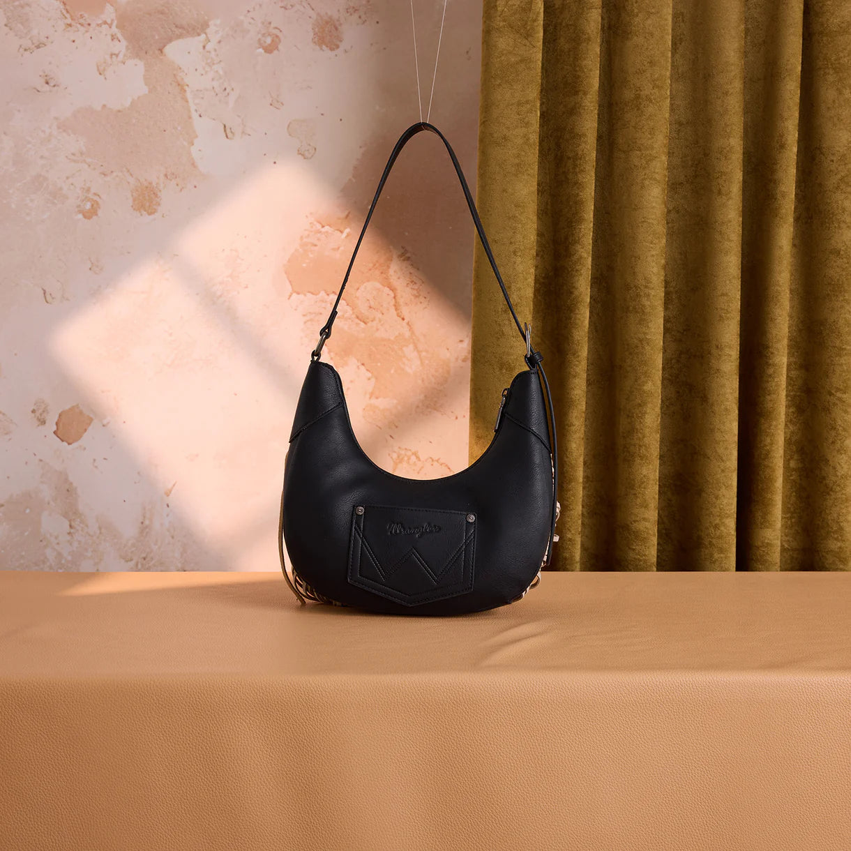 Cow Print Fringe Shoulder Hobo Bag - Black