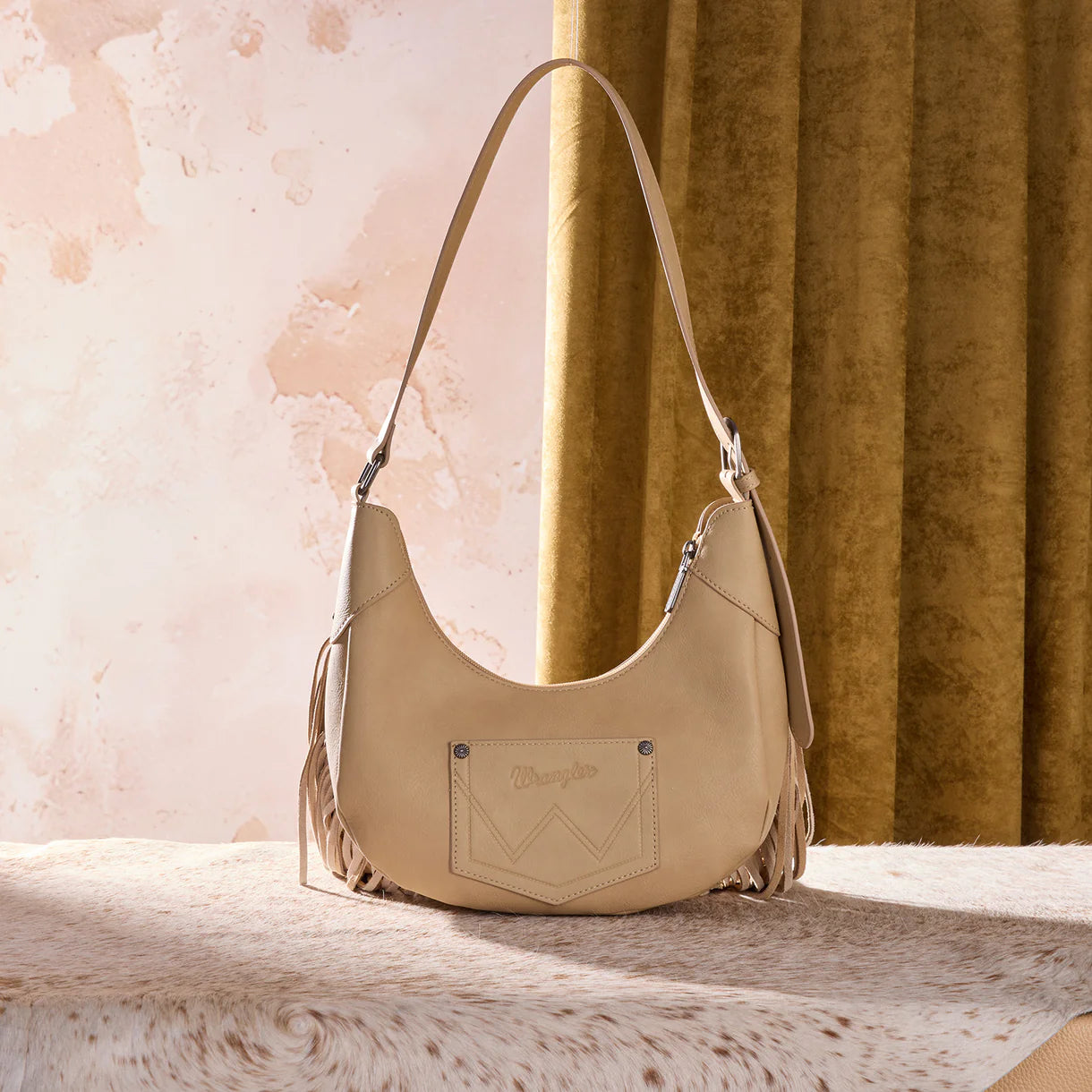 Cow Print Fringe Shoulder Hobo Bag - Tan