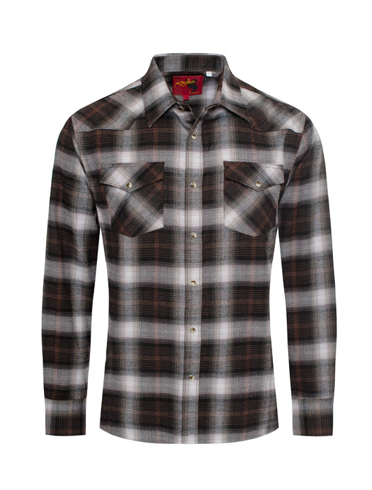 Western Long Sleeve Flannel Shirt - Brown Plaid