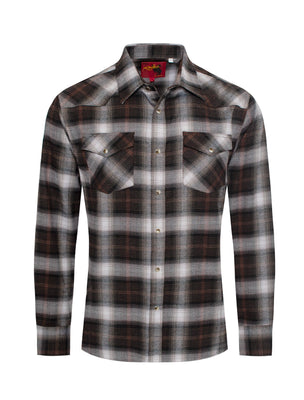Western Long Sleeve Flannel Shirt - Brown Plaid
