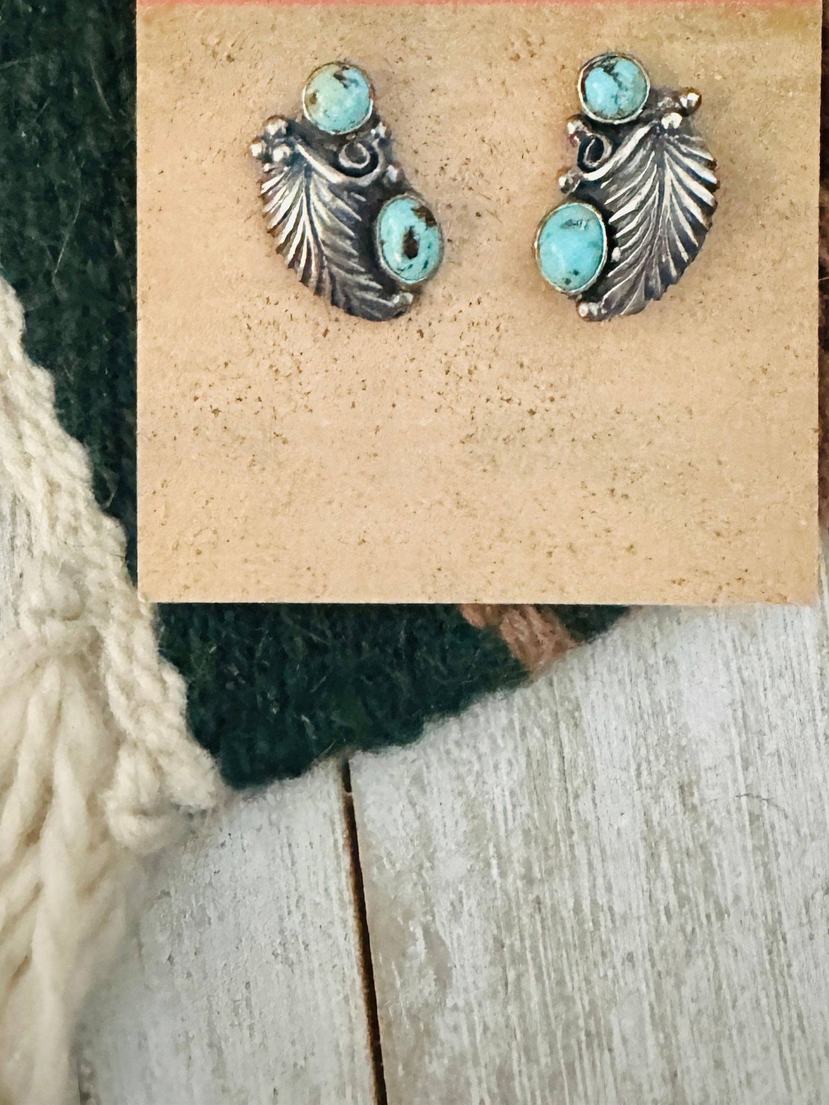 Navajo Turquoise & Sterling Silver Leaf Post Earrings