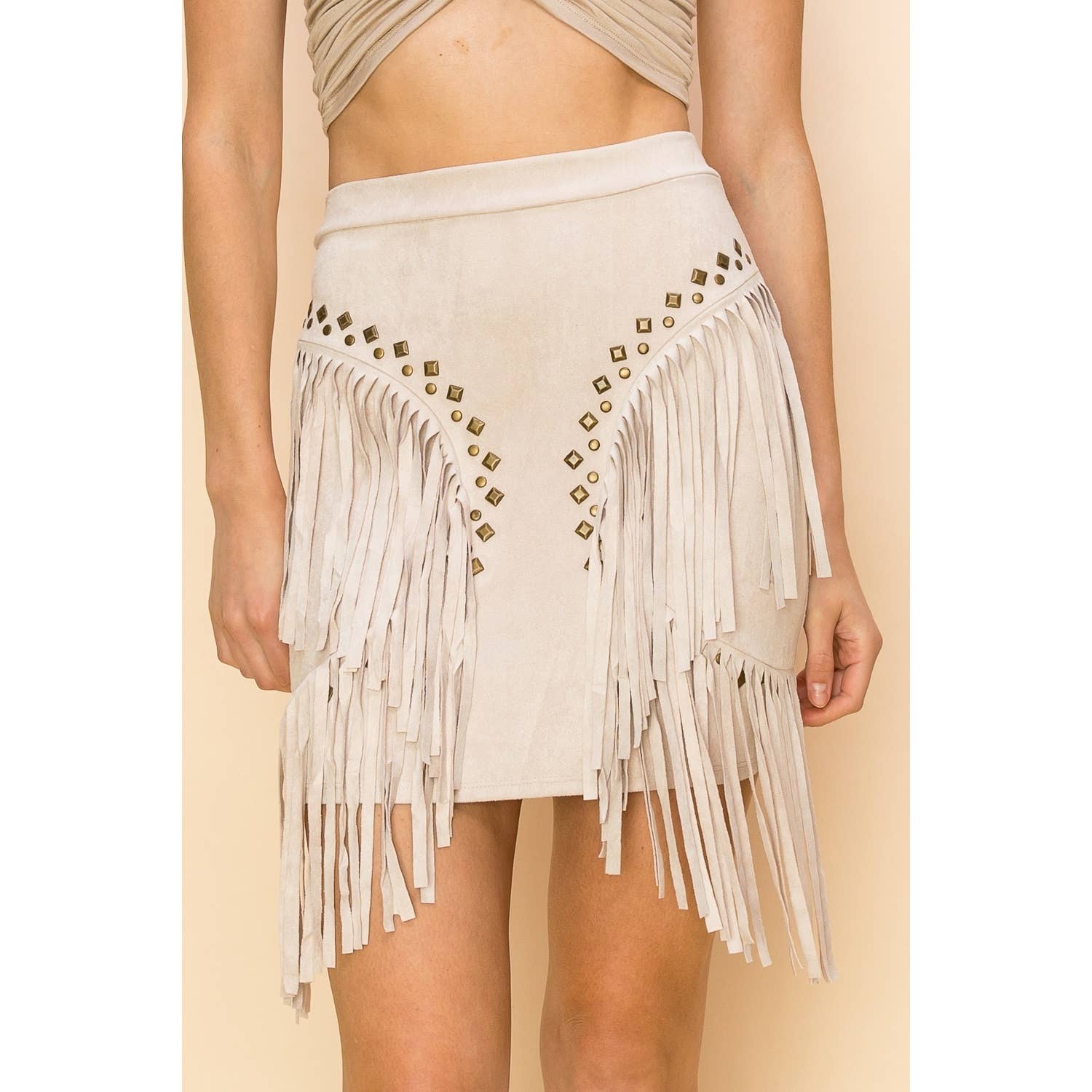 Cream Studded Fringe Skirt