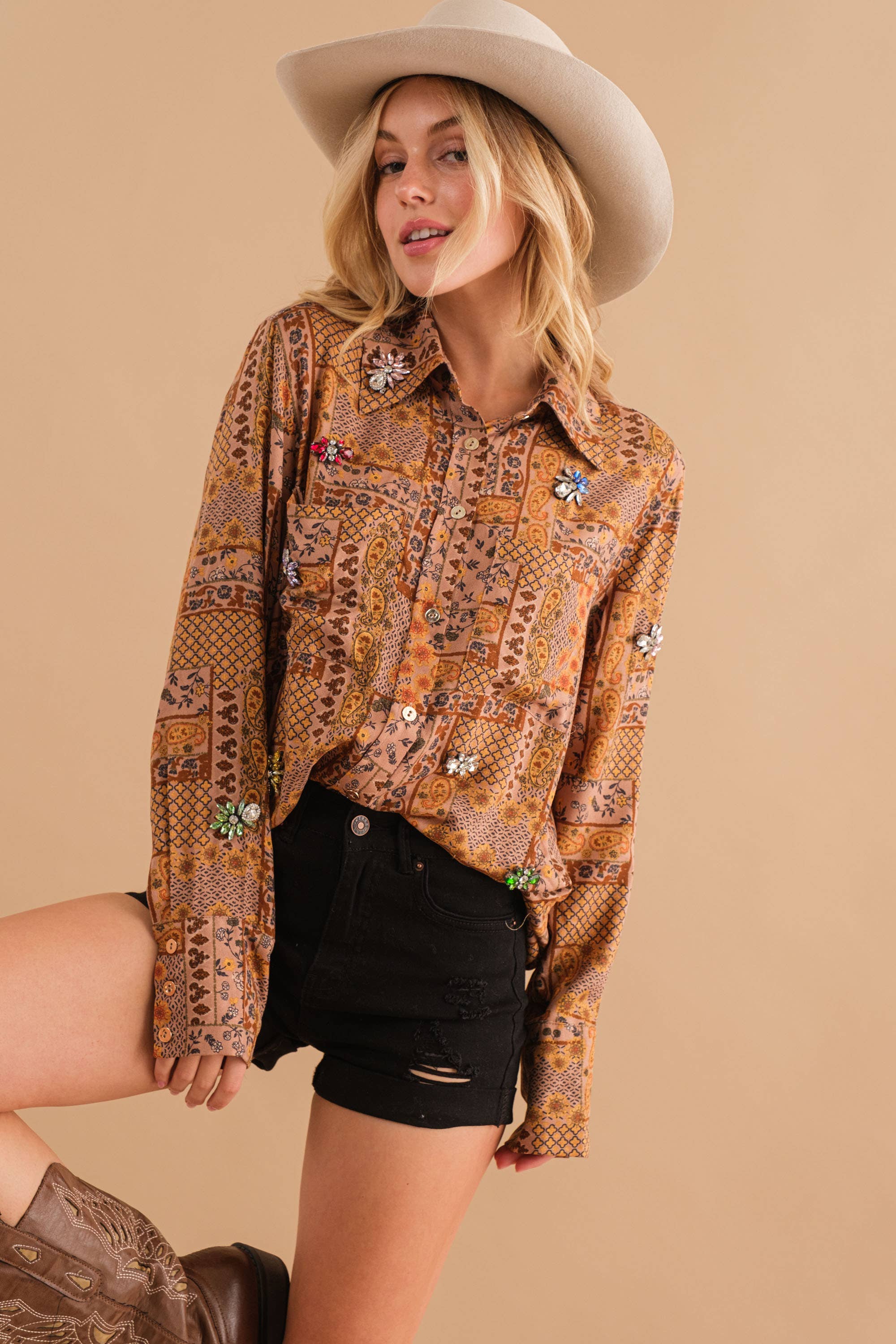 Dobby Patchwork Paisley Shirt Blouse