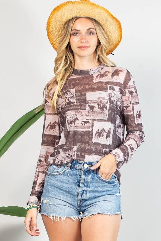 Rodeo Print Sheer Mesh Top