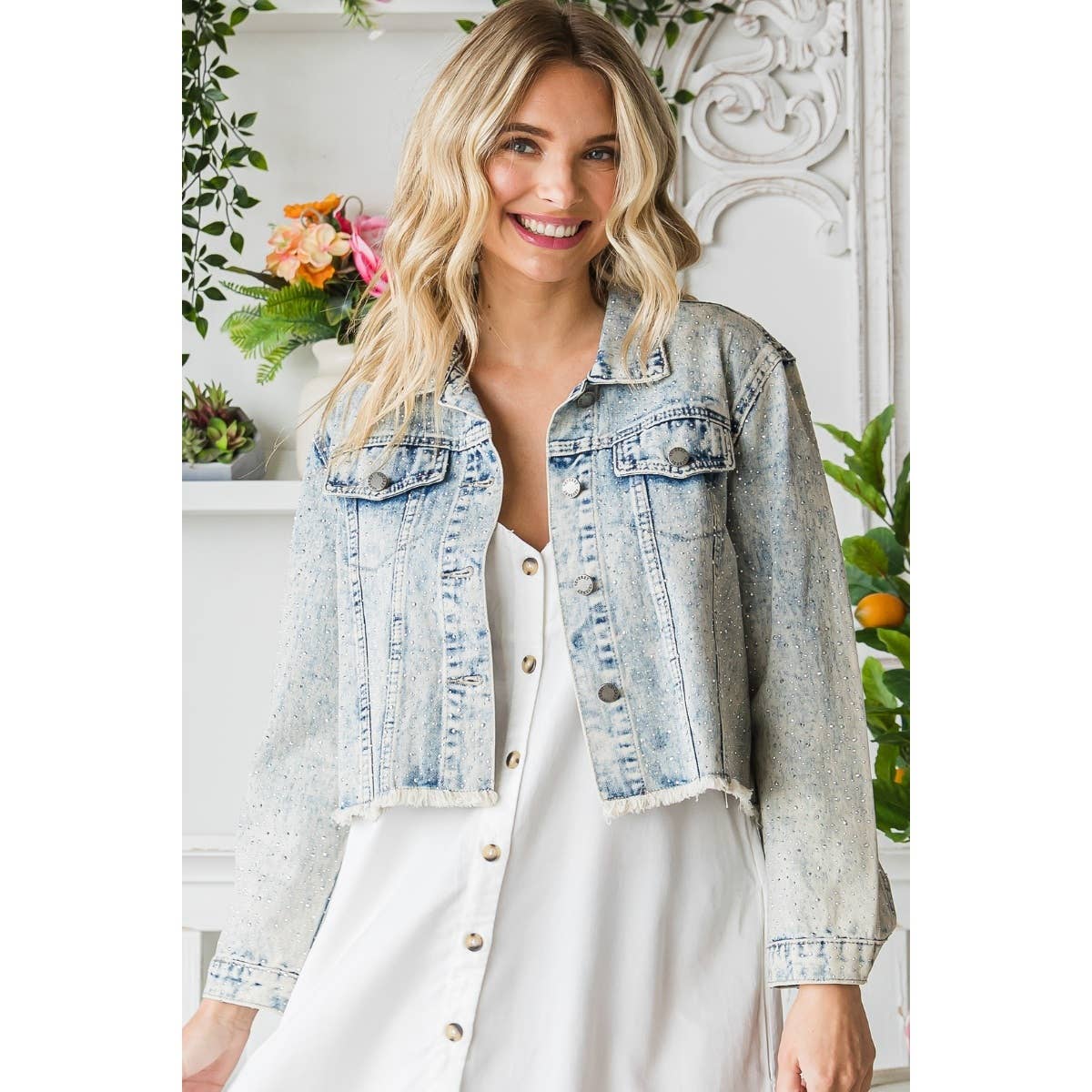 Rhinestone Cropped Denim Jacket