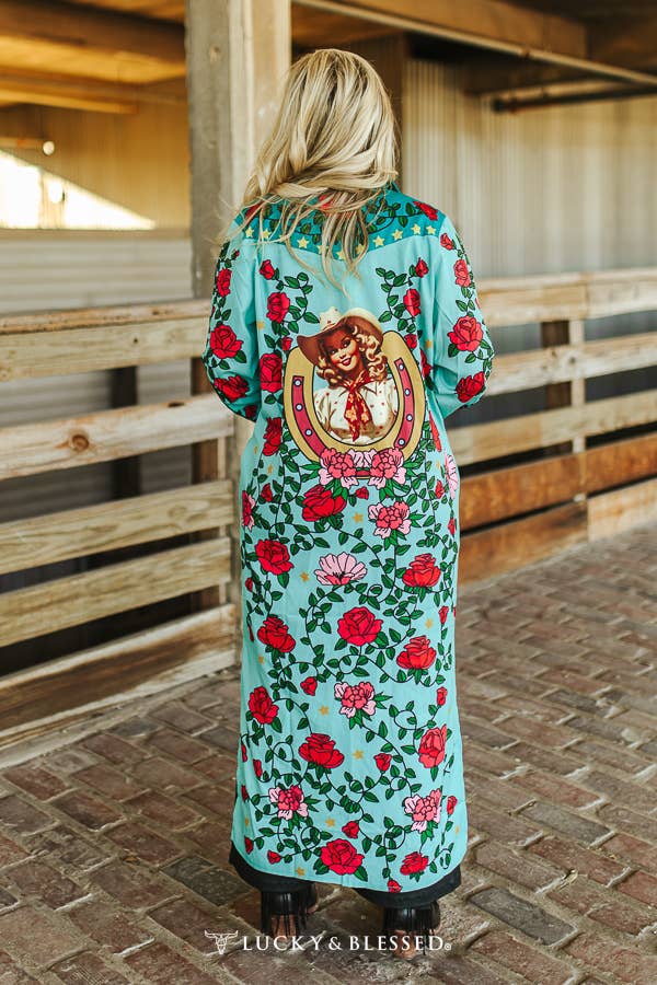 Turquoise Rose Cowgirl Maxi Shirt Dress