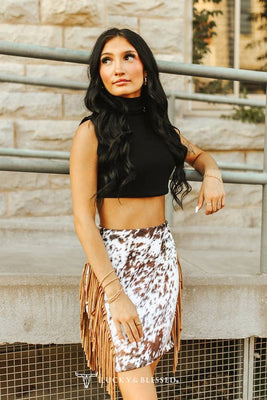 Brown Cow Hide Print Fringe Skirt