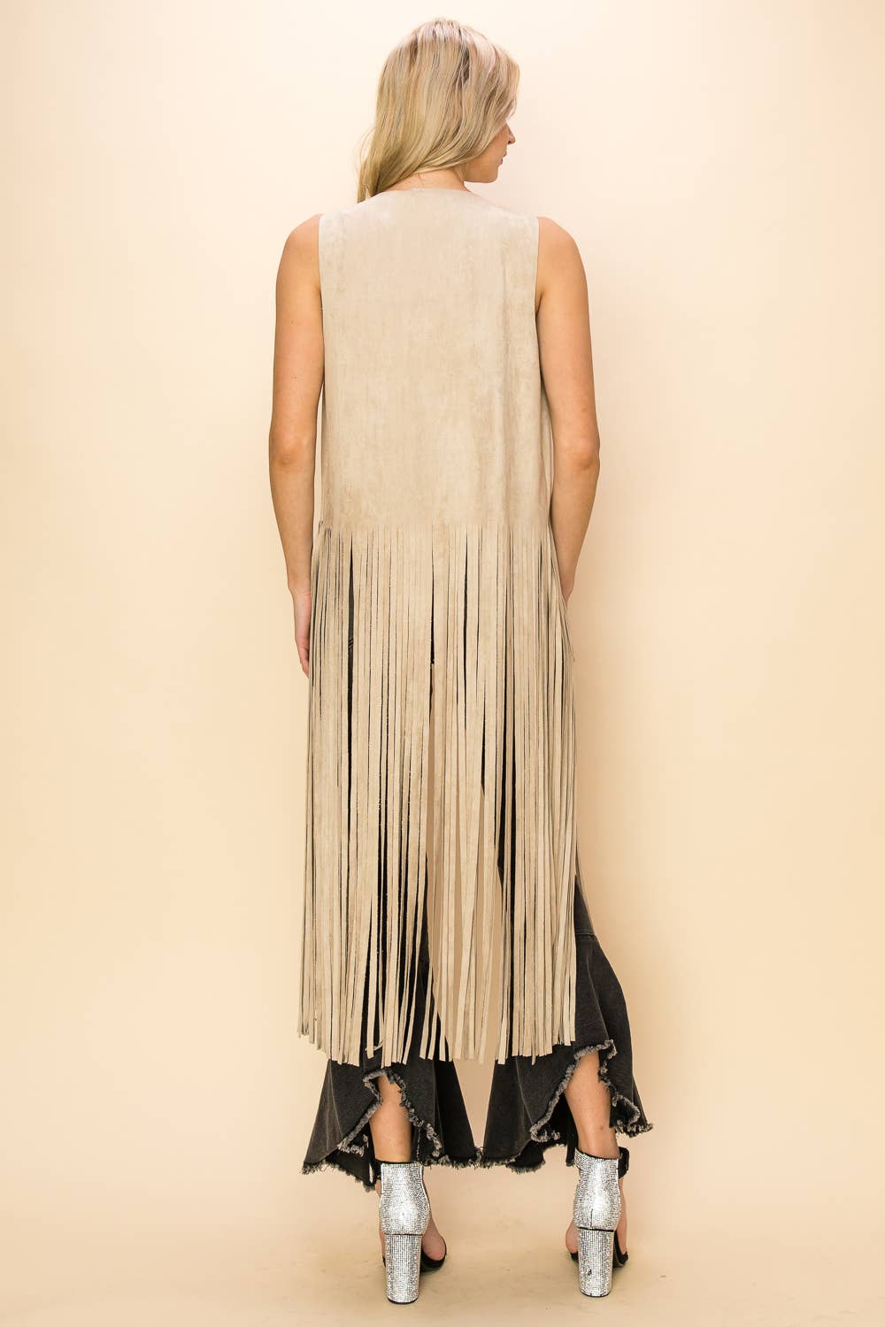 Cream Longline Fringe Vest