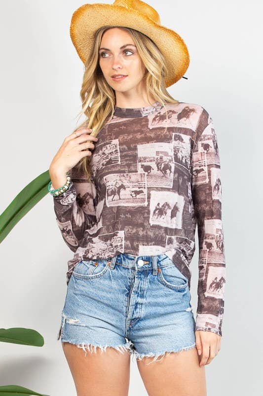 Rodeo Print Sheer Mesh Top