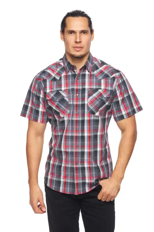 Men's Grey & Red Plaid Western Snap Shirt
