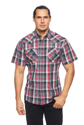 Men's Grey & Red Plaid Western Snap Shirt