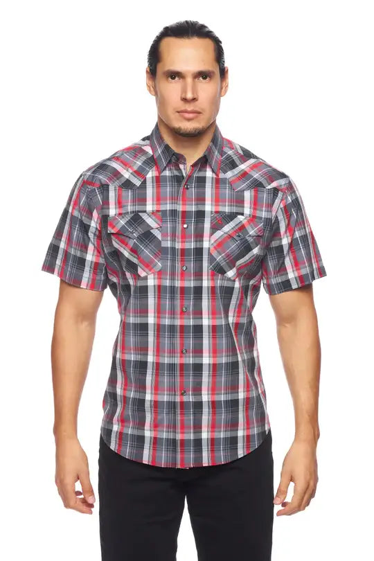Men's Grey & Red Plaid Western Snap Shirt