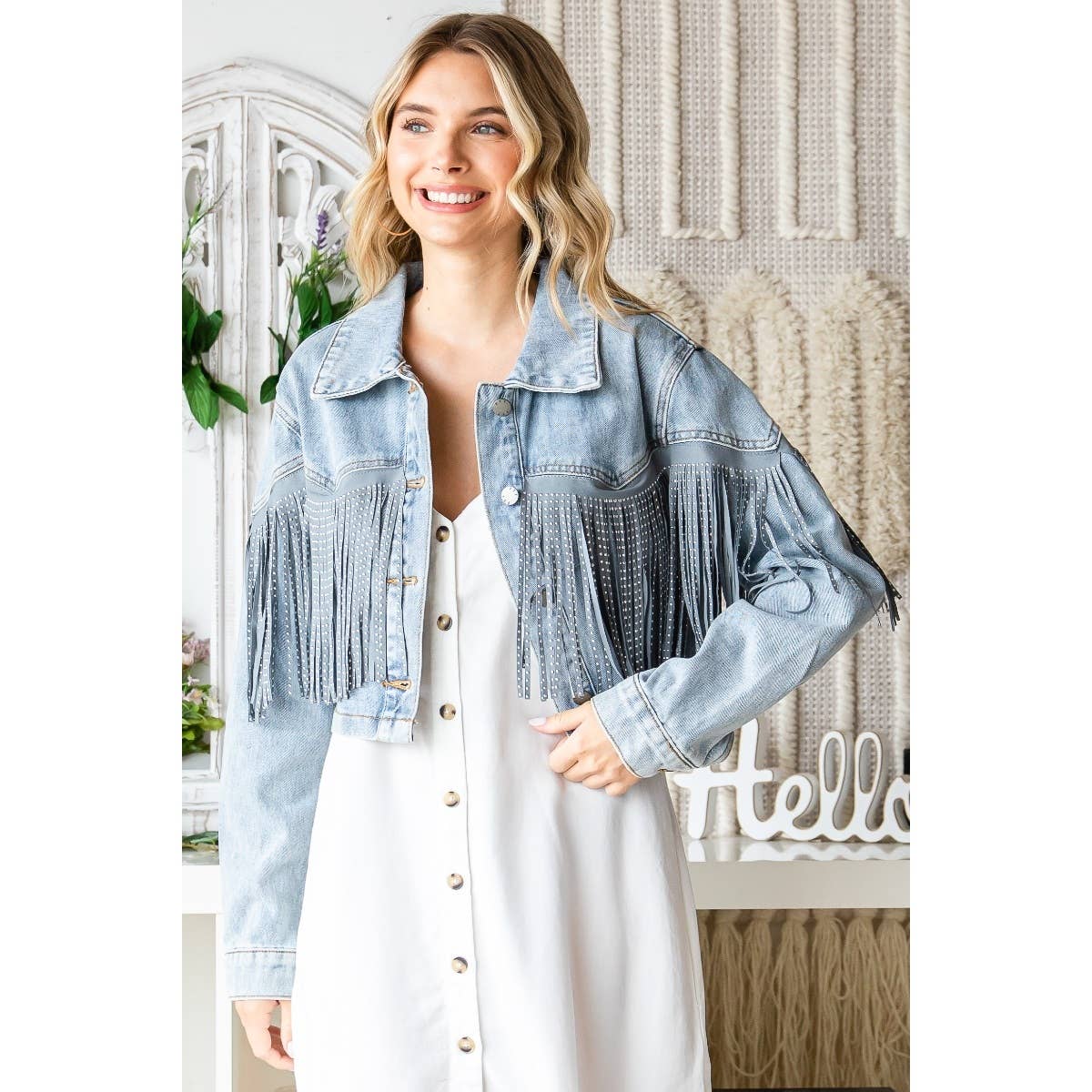 Rhinestone Fringe Cropped Denim Jacket