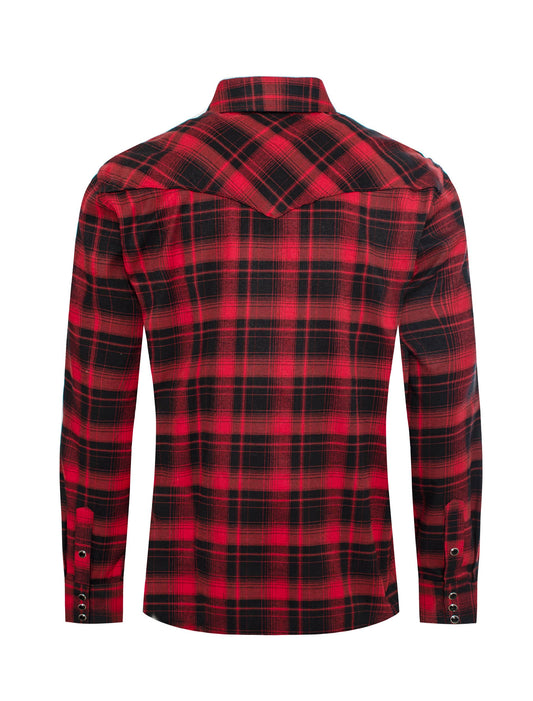 Western Long Sleeve Flannel Shirt - Red Plaid