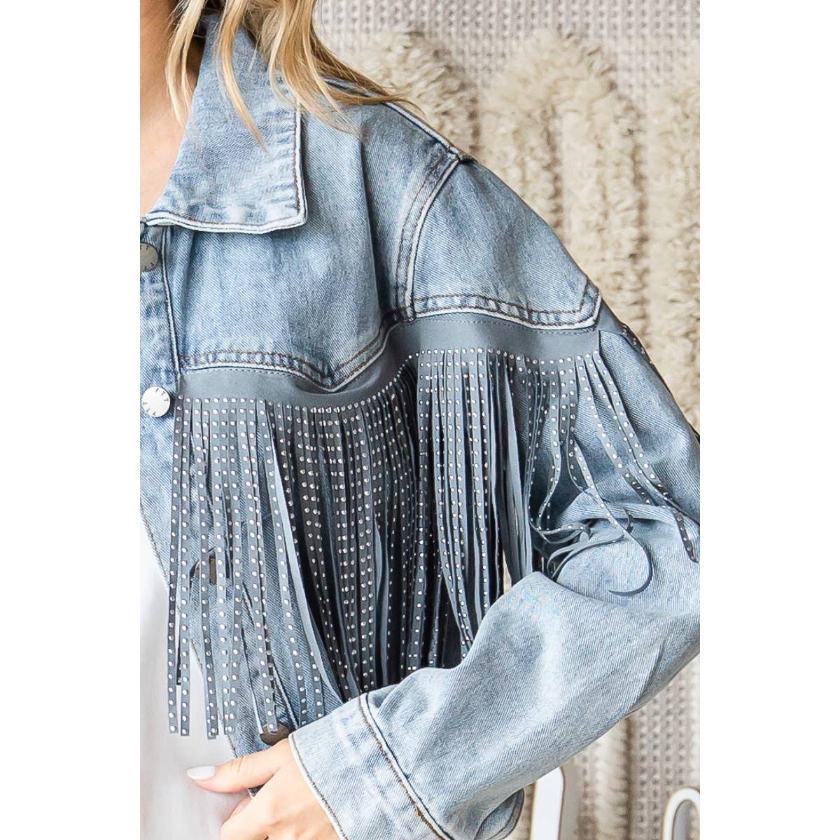 Rhinestone Fringe Cropped Denim Jacket