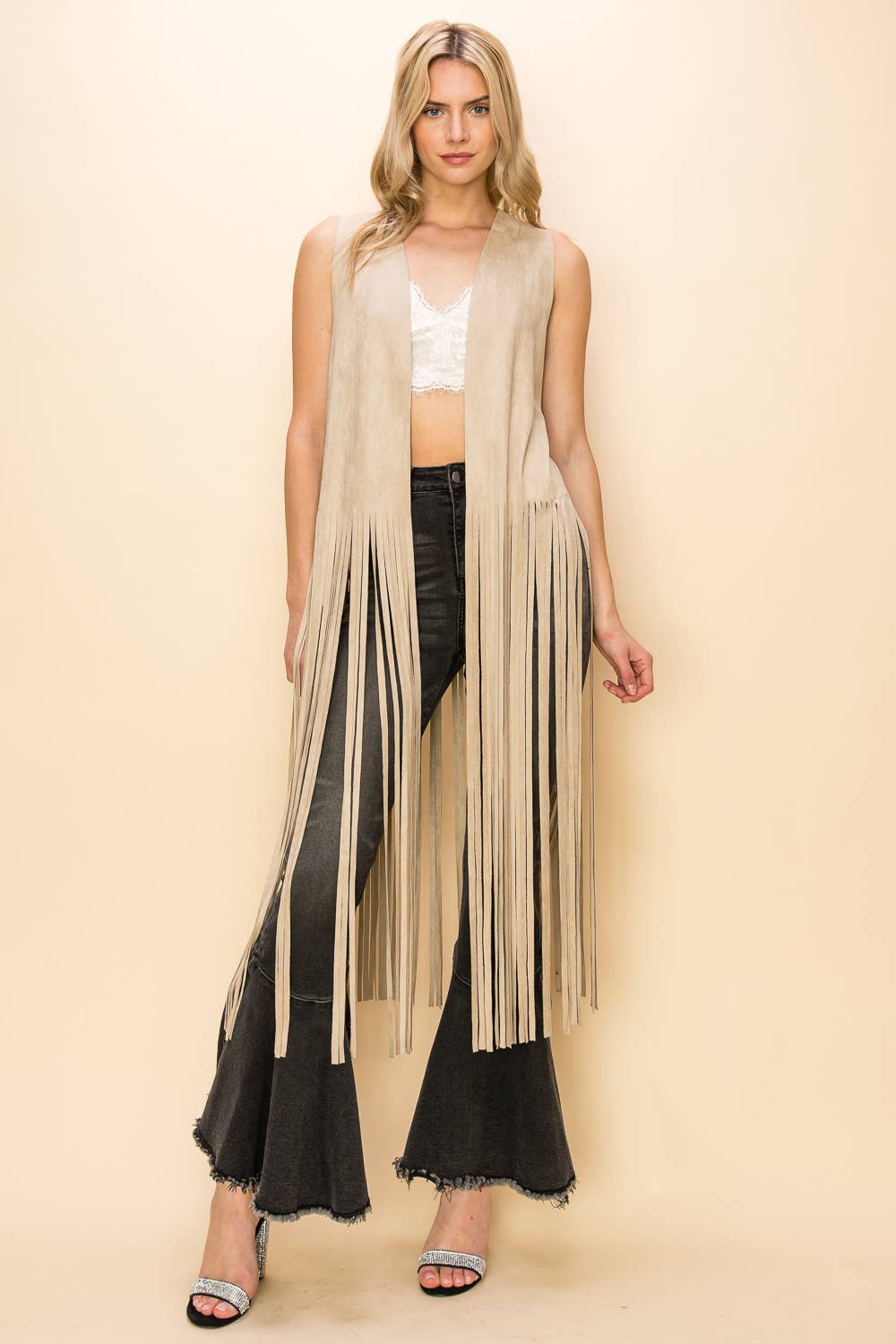 Cream Longline Fringe Vest