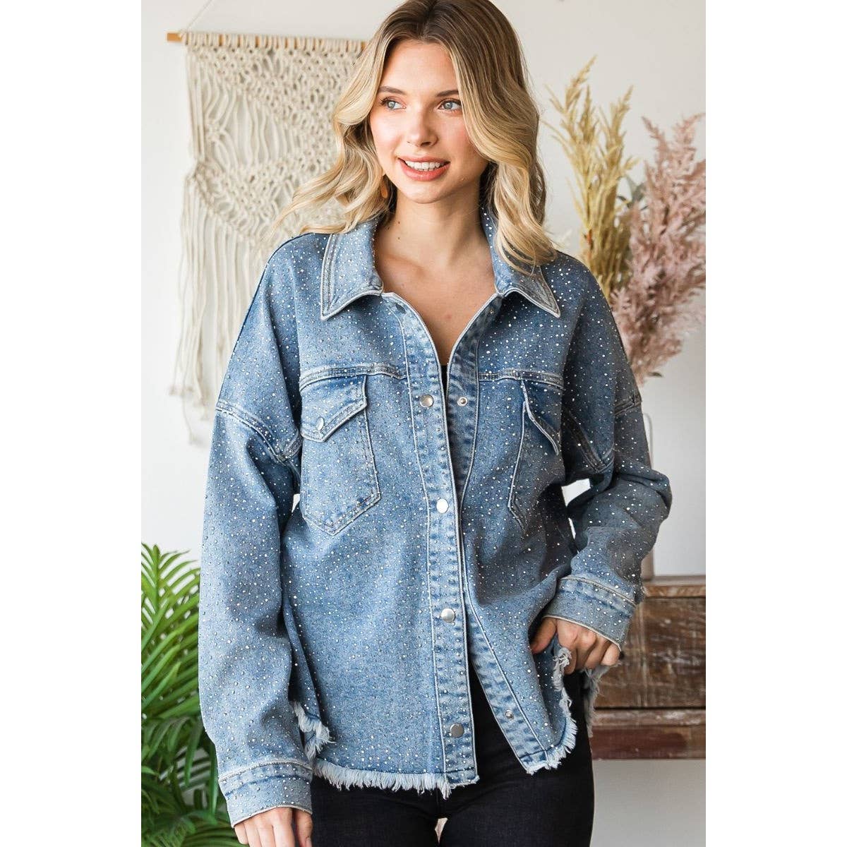 Plus Size Rhinestone Denim Shacket