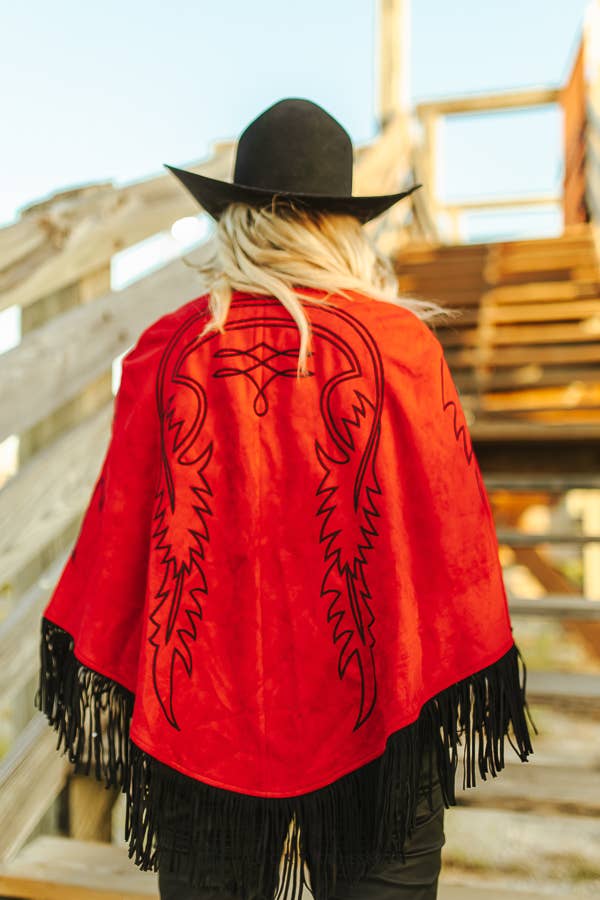 Red Suede Boot Stitch Embroidered Fringe Suede Cape