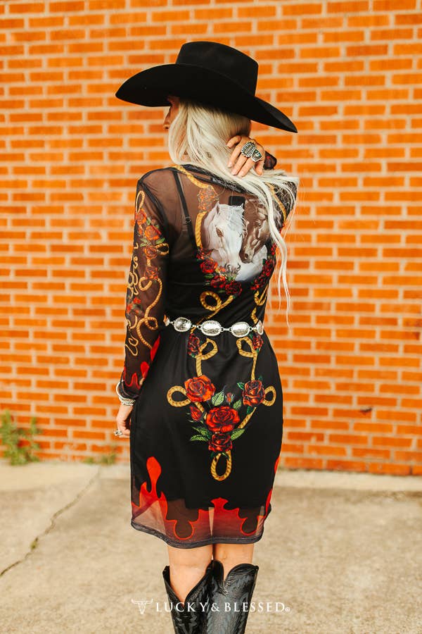 Black Rose Horse Print Mesh Dress