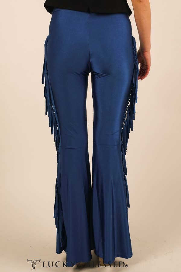 Teal Satin Touch Stretch Side Fringe Flare Pants